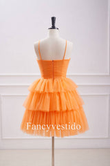 Straps Orange Keyhole Rosette A-Line Ruffle Homecoming Dress