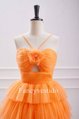 Straps Orange Keyhole Rosette A-Line Ruffle Homecoming Dress