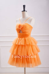 Straps Orange Keyhole Rosette A-Line Ruffle Homecoming Dress