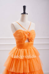 Straps Orange Keyhole Rosette A-Line Ruffle Homecoming Dress