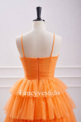 Straps Orange Keyhole Rosette A-Line Ruffle Homecoming Dress