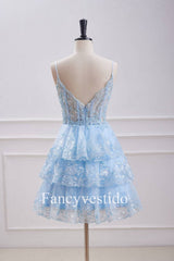 Straps Light Blue Sequin Appliques Tiered Homecoming Dress