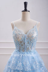 Straps Light Blue Sequin Appliques Tiered Homecoming Dress