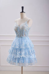 Straps Light Blue Sequin Appliques Tiered Homecoming Dress