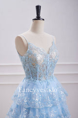 Straps Light Blue Sequin Appliques Tiered Homecoming Dress