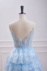 Straps Light Blue Sequin Appliques Tiered Homecoming Dress