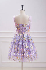 Lavender Floral Lace Up 3D Flowers Back Zip Party Dress