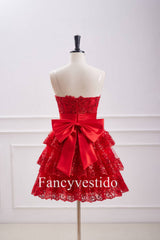 Strapless Red Corset Sequin Ruffle Homecoming Dress with Bow