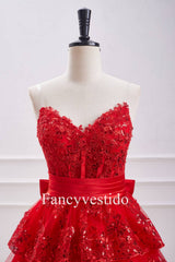 Strapless Red Corset Sequin Ruffle Homecoming Dress with Bow