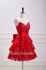 Strapless Red Corset Sequin Ruffle Homecoming Dress with Bow