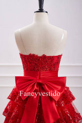 Strapless Red Corset Sequin Ruffle Homecoming Dress with Bow