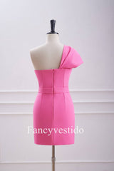 Fitted One Shoulder Twist Hot Pink Knot Mini Dress