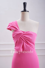 Fitted One Shoulder Twist Hot Pink Knot Mini Dress