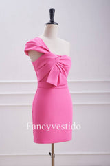 Fitted One Shoulder Twist Hot Pink Knot Mini Dress