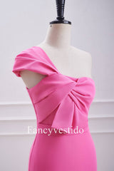 Fitted One Shoulder Twist Hot Pink Knot Mini Dress