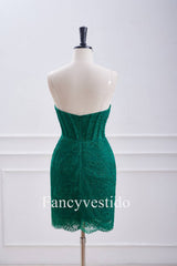 Strapless Emerald Green Fitted Beaded Corset Lace Mini Dress