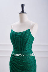 Strapless Emerald Green Fitted Beaded Corset Lace Mini Dress