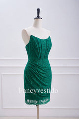 Strapless Emerald Green Fitted Beaded Corset Lace Mini Dress
