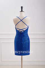 V-Neck Straps Royal Blue Sequin Ruched Homecoming Dress