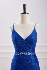 V-Neck Straps Royal Blue Sequin Ruched Homecoming Dress