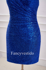 V-Neck Straps Royal Blue Sequin Ruched Homecoming Dress