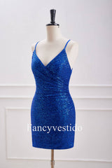 V-Neck Straps Royal Blue Sequin Ruched Homecoming Dress