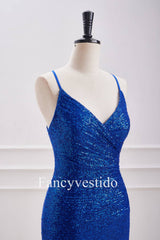 V-Neck Straps Royal Blue Sequin Ruched Homecoming Dress