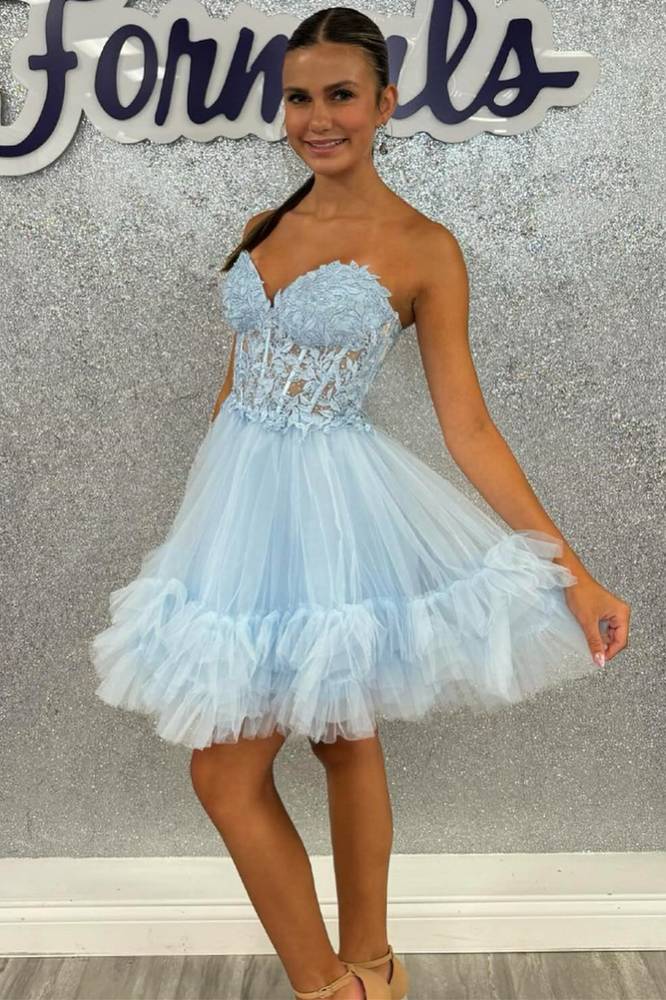 Sweetheart Light Blue Sheer Corset Ruffle Homecoming Dress with Appliques