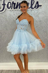 Sweetheart Light Blue Sheer Corset Ruffle Homecoming Dress with Appliques
