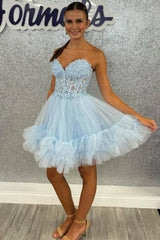 Sweetheart Light Blue Sheer Corset Ruffle Homecoming Dress with Appliques