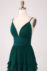 Plunging Neck Hunter Green A-Line Ruffle Maxi Dress