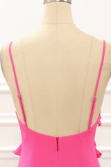 V-Neck Straps Hot Pink Ruffle Maxi Dress with Slit