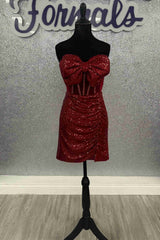 Sweetheart Red Sequin Ruched Short Homecoming Dress with Bow