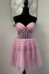 Strapless Pink Corset Layered Short Princess Dress with Swiss Dots