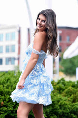 Light Blue Rosette Sequin Baby Doll Short Party Dress