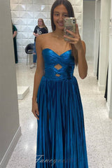 Strapless Metallic Keyhole Pleated Prom Dress with Slit