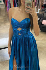 Strapless Metallic Keyhole Pleated Prom Dress with Slit