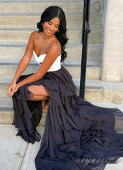 Strapless Chiffon Ruffle A-Line Slit Prom Dress with Floral