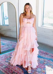 Strapless Chiffon Ruffle A-Line Slit Prom Dress with Floral