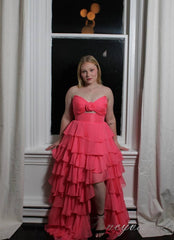 Strapless Chiffon Ruffle A-Line Slit Prom Dress with Floral