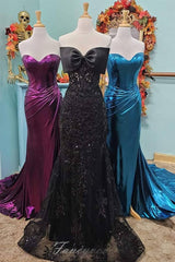Strapless Blue Applique Mermaid Prom Dress with Bow