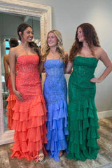Strapless Applique Ruffle Mermaid Prom Dress with Slit