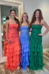 Strapless Applique Ruffle Mermaid Prom Dress with Slit