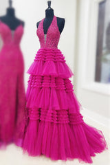 Halter Red Appliques Ruffle Tulle Prom Ball Gown