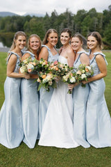 Light Blue Slit Bridesmaid Dress with Bow Tie Straps