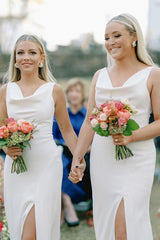 Elegant Cowl Neck Long Bridesmaid Dresses with Slit