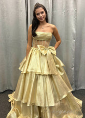 Strapless A-Line Ruffle Prom Dress with Bow
