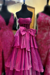 Strapless A-Line Ruffle Prom Dress with Bow