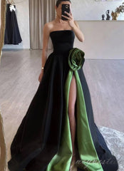 Strapless Black Satin Slit Prom Dress with Floral