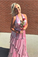 Halter Pink Metallic Ruffle Long Prom Dress